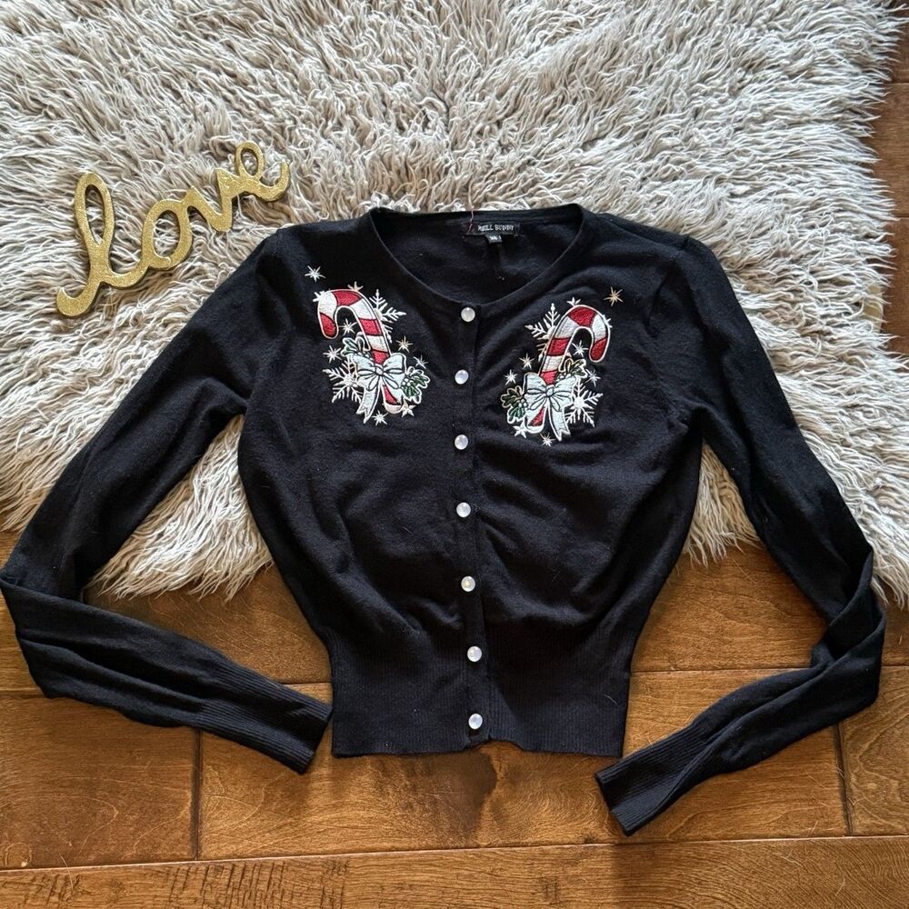 Hell Bunny Cardigan Womens Size XS Black Candy Cane Embroidered Christmas